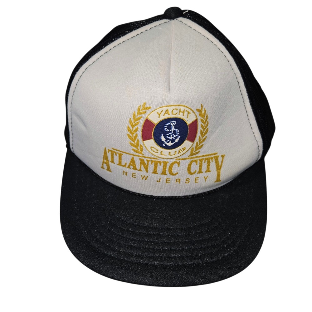 VTG 80s Atlantic City Yacht Club Trucker Hat Mesh Snapback Black White Sz OSFM